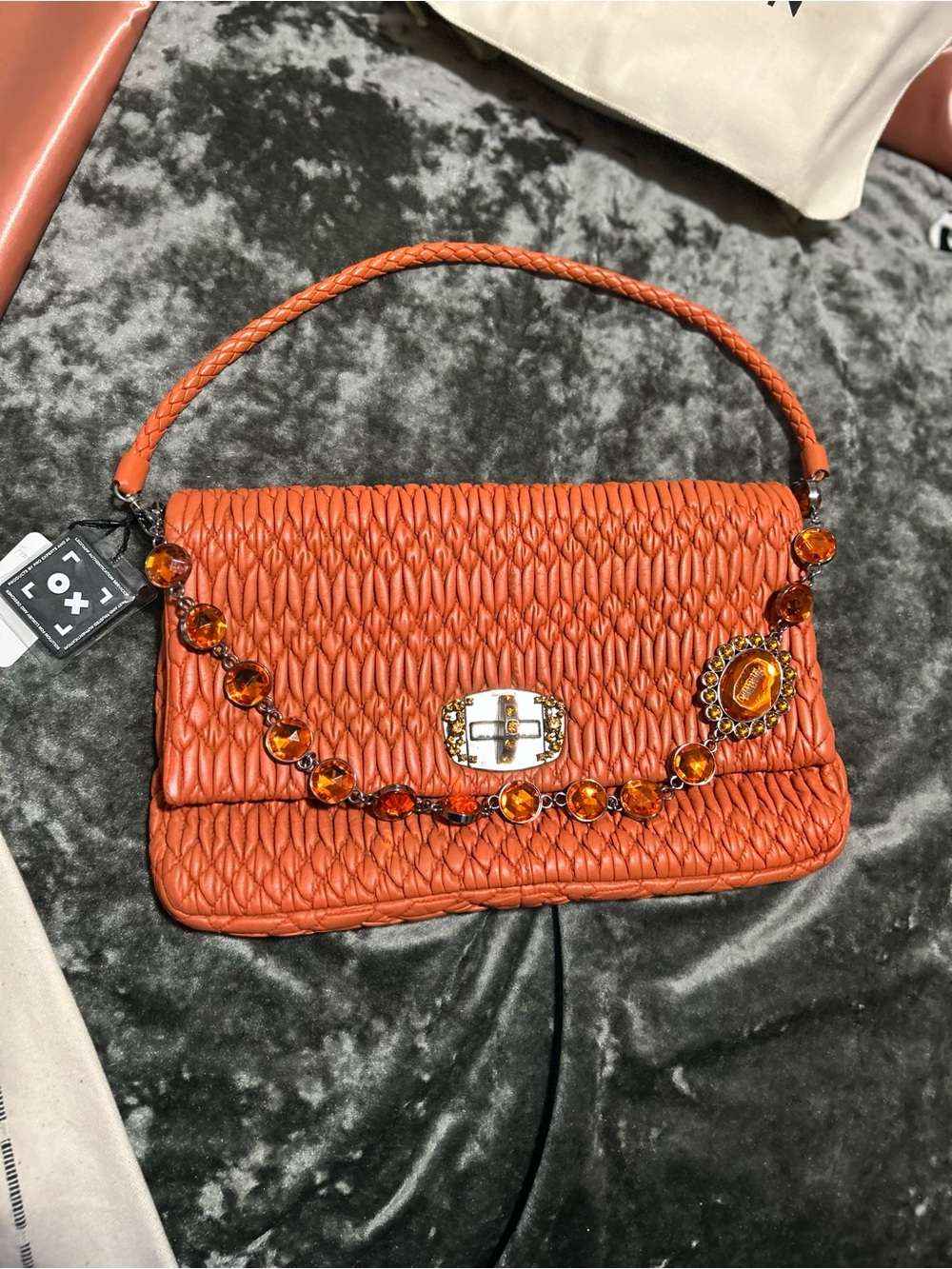Miu Miu Matelassé Crystal Embellished Shoulder Bag – Orange